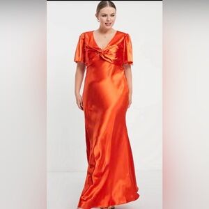 Little Mistress Plus Bridesmaids V-Neck Tea Dress in Sunset Orange 14 Maxi Silky